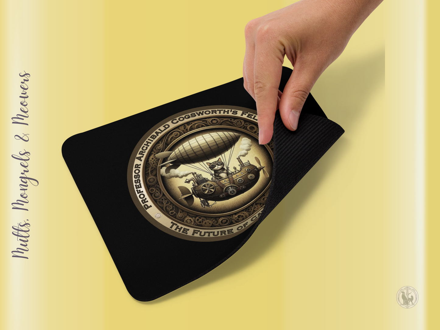 Mouse Pad Steampunk Zeppelin Funny Kitty Gift for Cat Lovers Quirky Victorian Laptop Accessory Mixed Breed Rescue Feline PC Mat Cat Parents