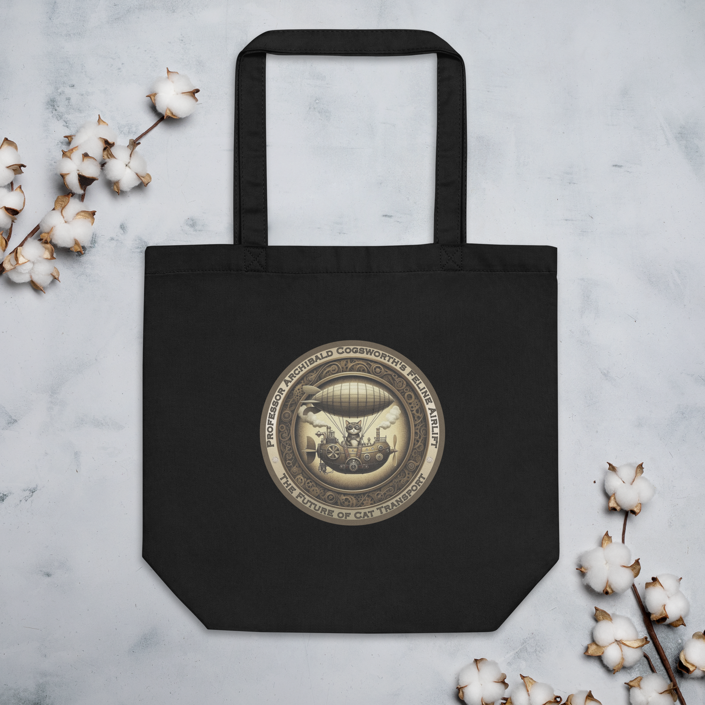 Organic Tote Bag Steampunk Cat Mixed Breed Whimsical Kitty Gift Fantasy Feline Design Victorian Reusable Catful For Cat Lovers Quirky Rescue