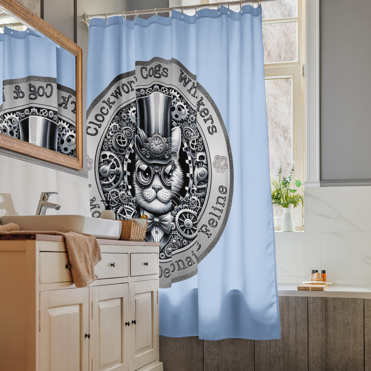 Shower Curtain Steampunk Cat Victorian Style Bathroom Gift Quirky Kitty Design Retro Feline Decor Housewarming Statement Piece Cat Mom Dad