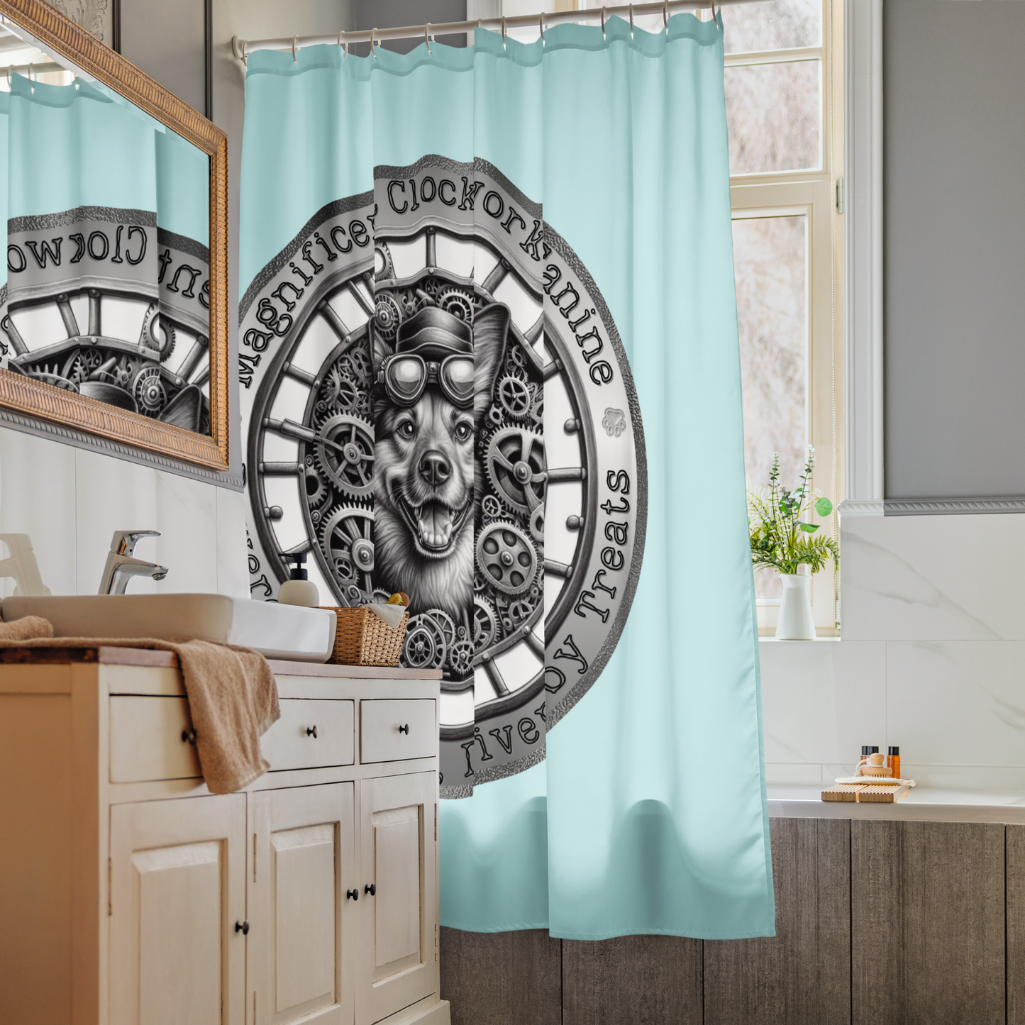 Shower Curtain Steampunk Dog Victorian Bathroom Gift Unique Art Quirky Pet Lover Decor Housewarming for Dog Parents Mongrel Rescue Dog Mutt