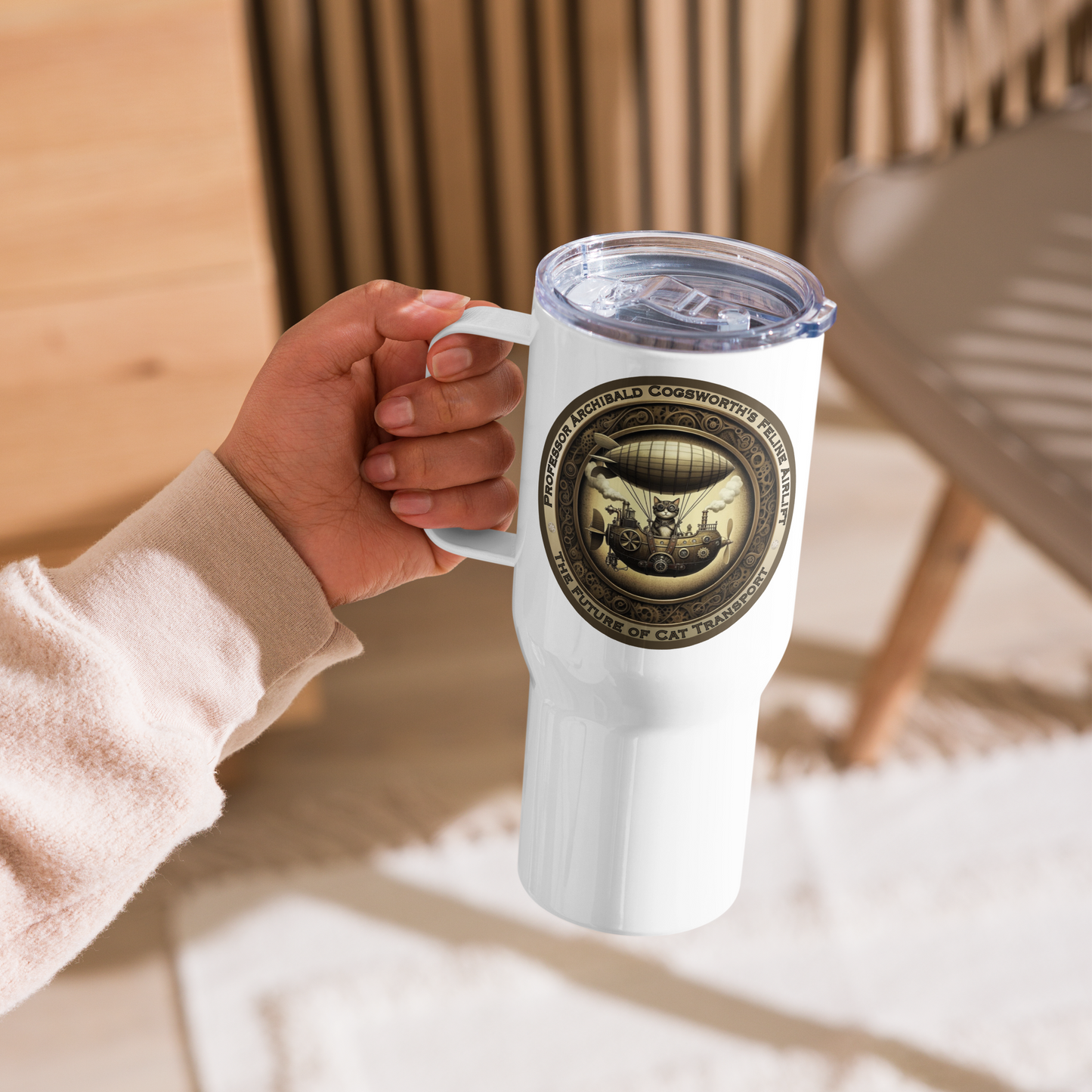 Travel Mug Steampunk Cat Tumbler Rescue Cat Gift Funny Kitty Lover Mug Quirky Catful Drinkware Victorian Zeppelin Tea Mug for Cat Parents