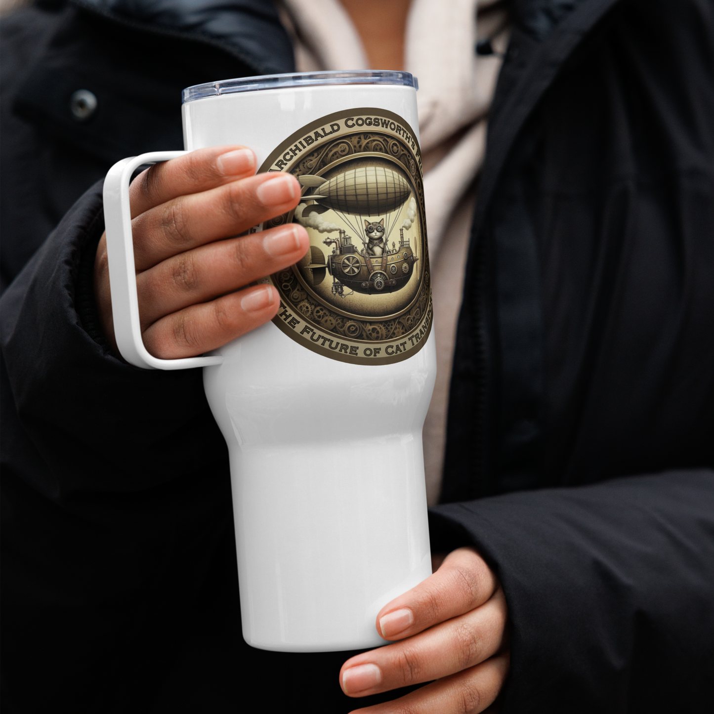 Travel Mug Steampunk Cat Tumbler Rescue Cat Gift Funny Kitty Lover Mug Quirky Catful Drinkware Victorian Zeppelin Tea Mug for Cat Parents