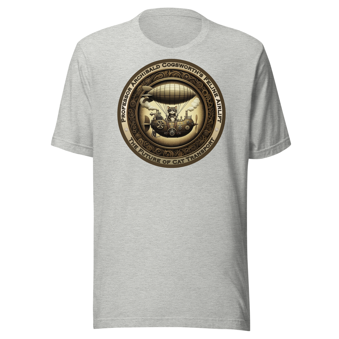 T-Shirt Steampunk Cat Theme Unisex Zeppelin Tee Funny Cat Lover Gift Airship Top Victorian Catful Shirt Kitty Graphic Fit Cat Mom Cat Dad