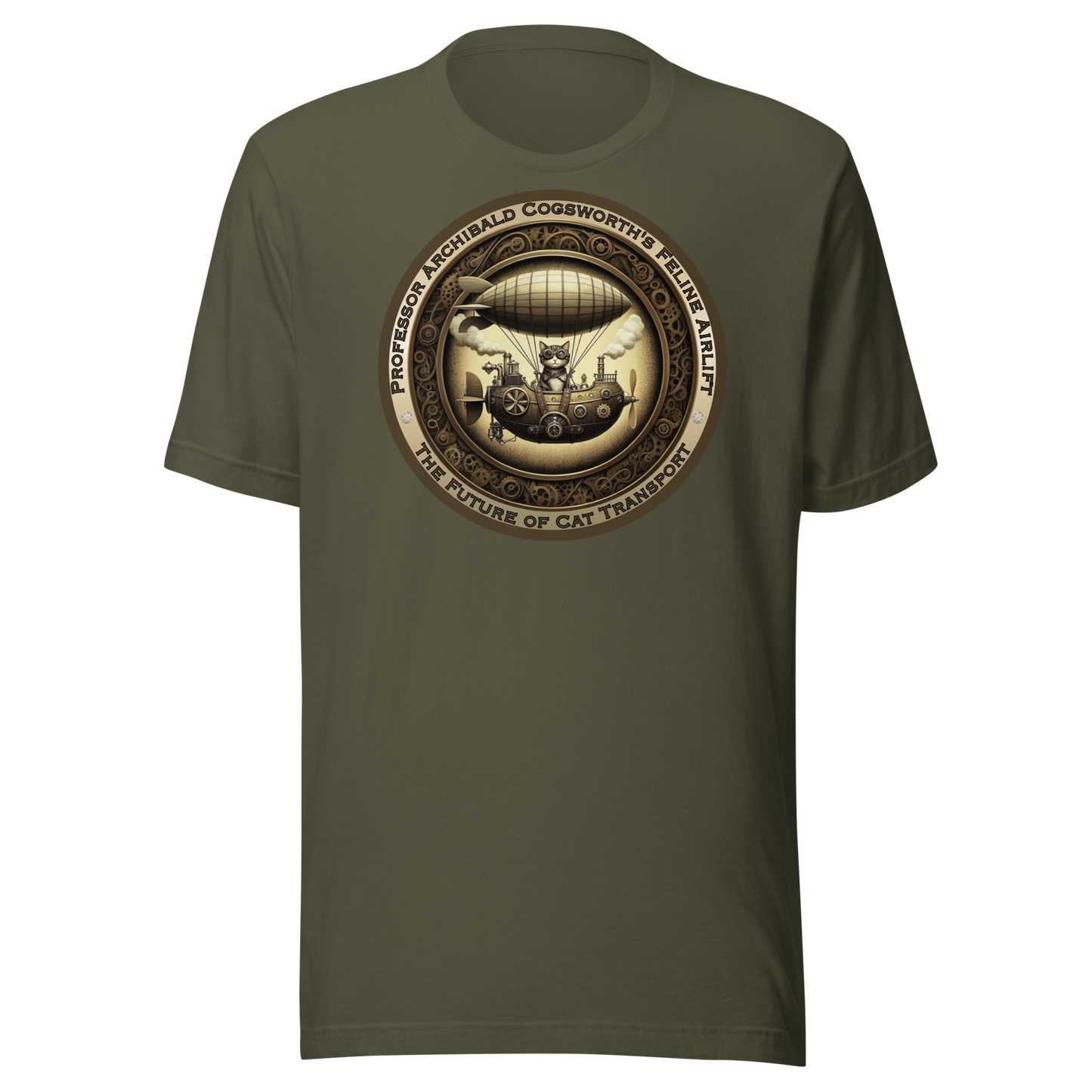 T-Shirt Steampunk Cat Theme Unisex Zeppelin Tee Funny Cat Lover Gift Airship Top Victorian Catful Shirt Kitty Graphic Fit Cat Mom Cat Dad
