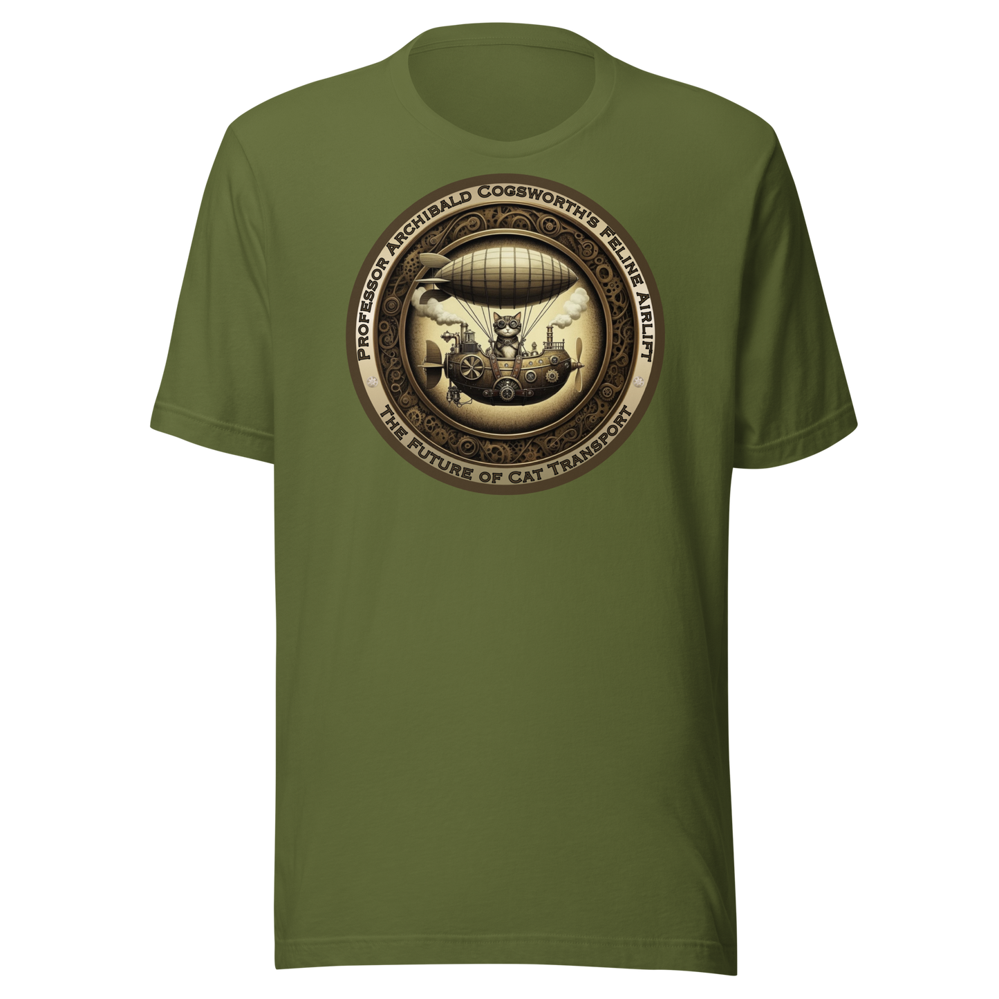 T-Shirt Steampunk Cat Theme Unisex Zeppelin Tee Funny Cat Lover Gift Airship Top Victorian Catful Shirt Kitty Graphic Fit Cat Mom Cat Dad