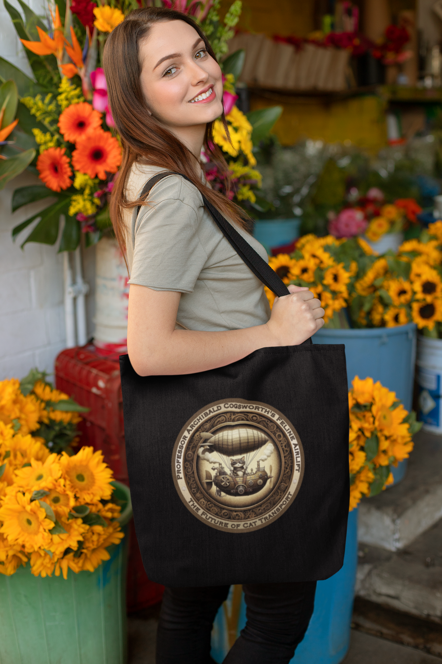 Organic Tote Bag Steampunk Cat Mixed Breed Whimsical Kitty Gift Fantasy Feline Design Victorian Reusable Catful For Cat Lovers Quirky Rescue