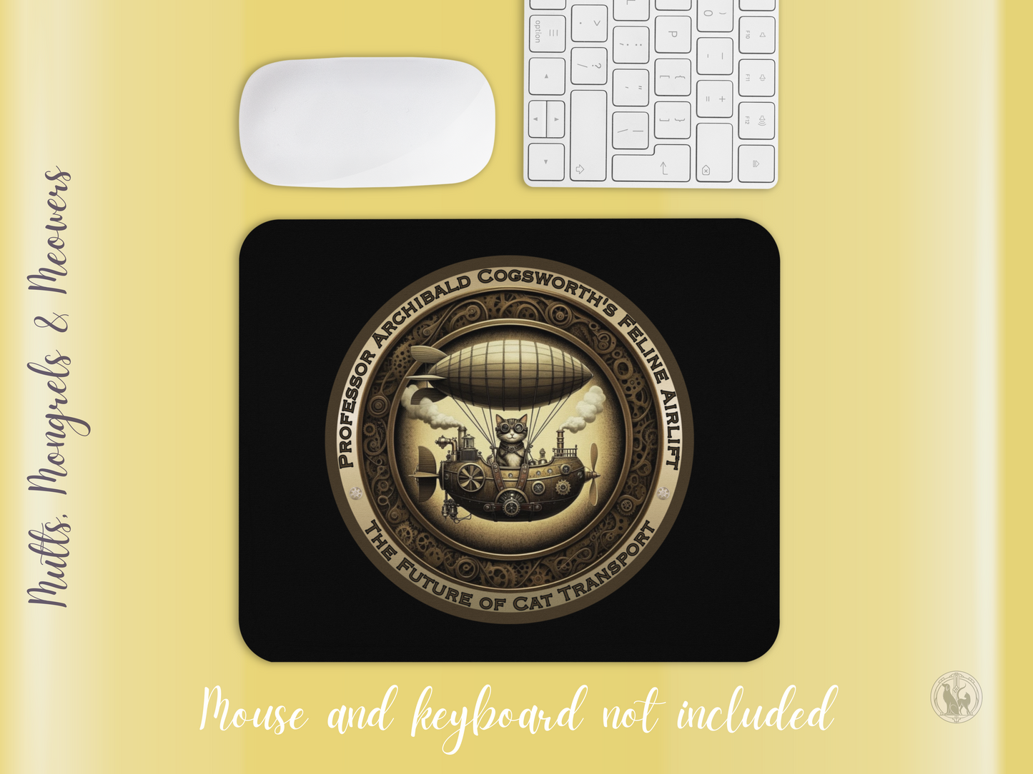 Mouse Pad Steampunk Zeppelin Funny Kitty Gift for Cat Lovers Quirky Victorian Laptop Accessory Mixed Breed Rescue Feline PC Mat Cat Parents