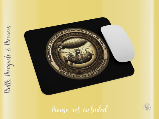 Mouse Pad Steampunk Zeppelin Funny Kitty Gift for Cat Lovers Quirky Victorian Laptop Accessory Mixed Breed Rescue Feline PC Mat Cat Parents