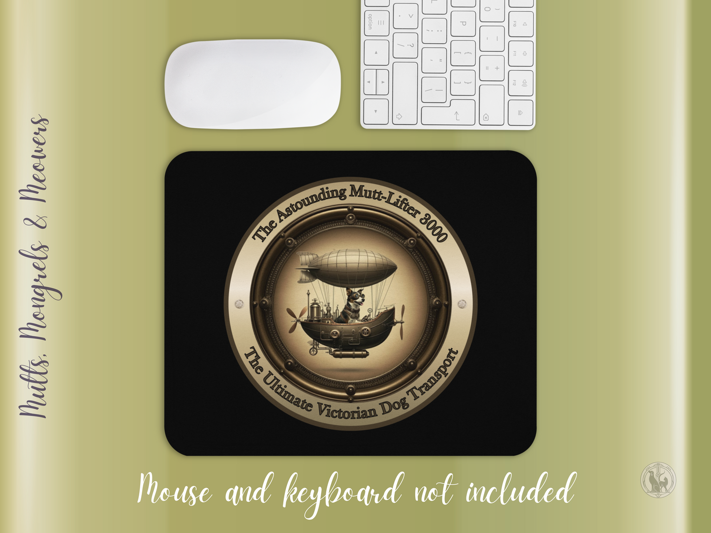 Mouse Pad Steampunk Dog Funny Mutt Gift for Dog Lovers Quirky Victorian Zeppelin Laptop Accessory Mixed Breed Rescue Dog Parents PC Mongrel