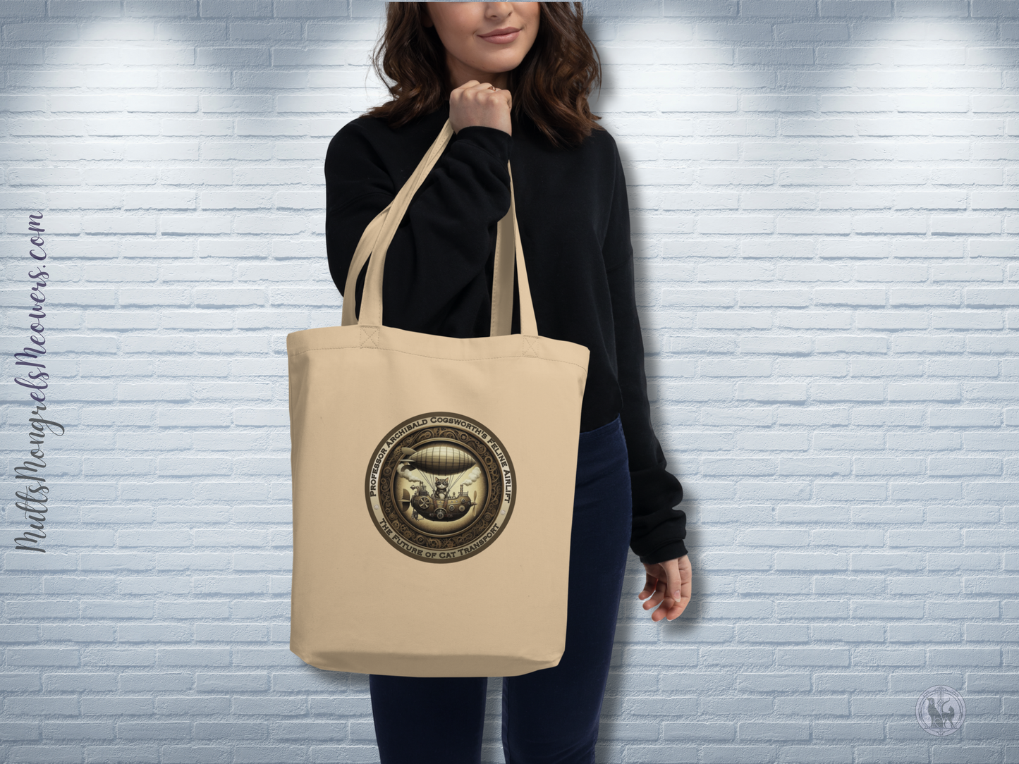 Organic Tote Bag Steampunk Cat Mixed Breed Whimsical Kitty Gift Fantasy Feline Design Victorian Reusable Catful For Cat Lovers Quirky Rescue