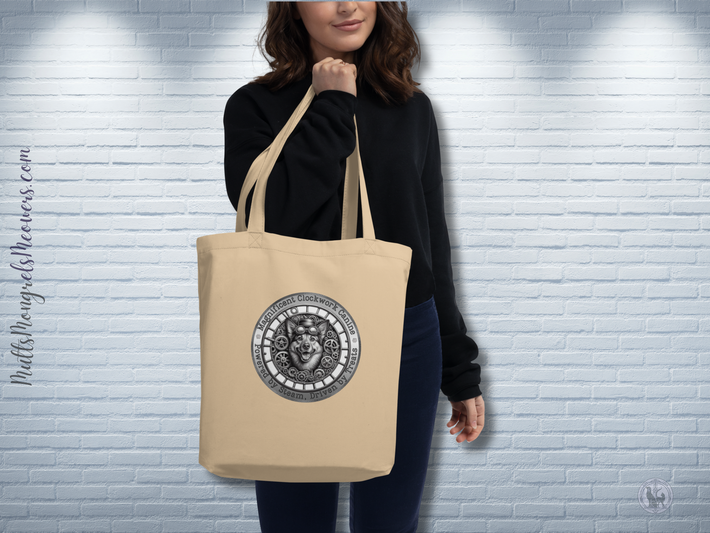 Organic Tote Bag Mixed Breed Rescue Dog Mongrel Steampunk Victorian Humor Mechanical Dogful Cotton Tote Bag Dog Lovers Mum Dad Clockwork