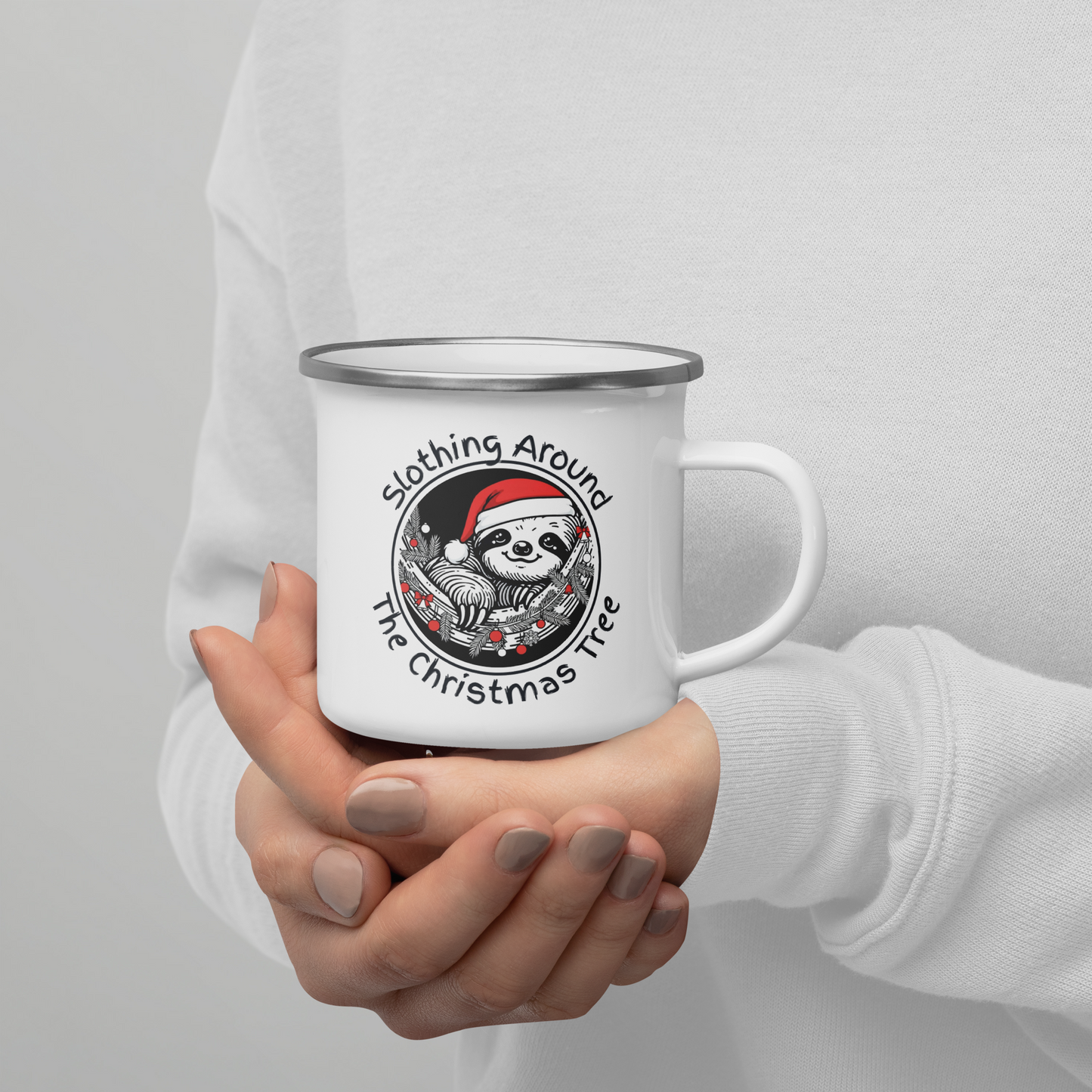 Funny Sloth Enamel Mug: Cozy Christmas Gift for Animal Lovers 12oz