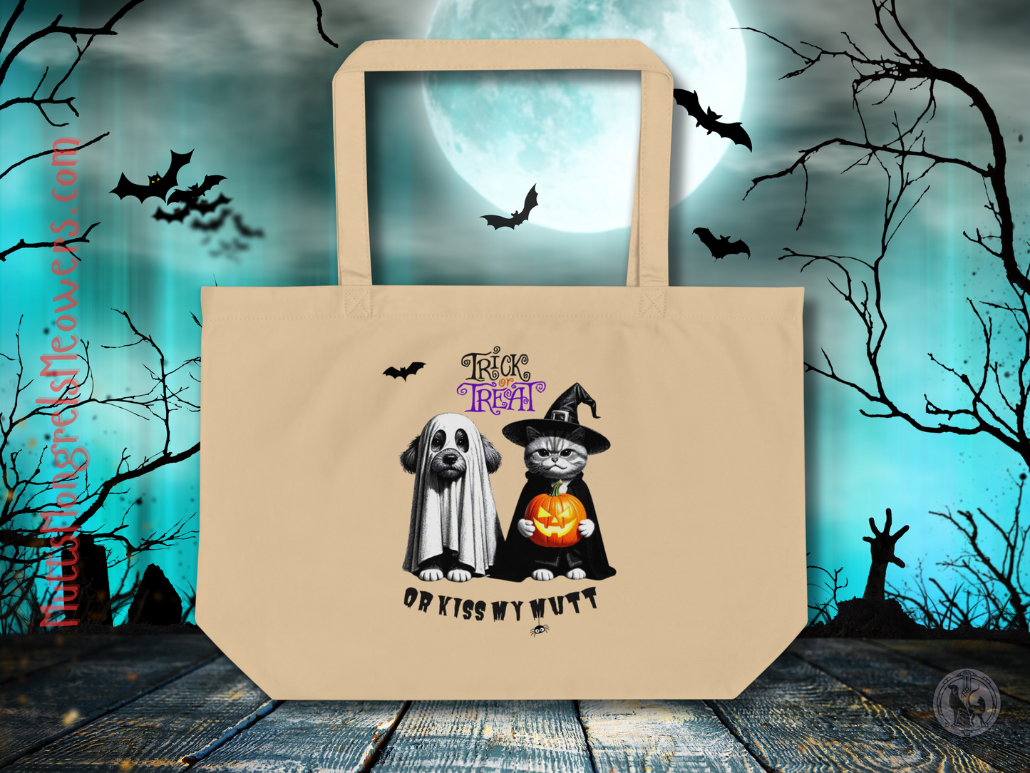 Funny Cat & Dog Halloween Large Organic Tote Bag: Sarcastic Pet Parent Gift