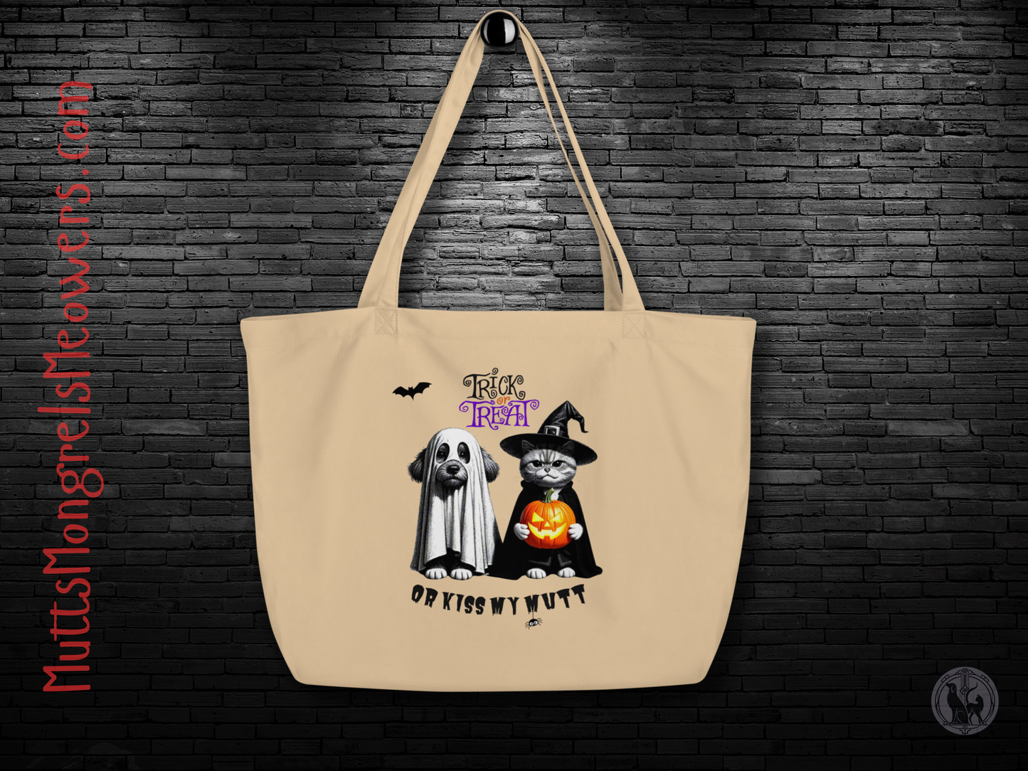 Funny Cat & Dog Halloween Large Organic Tote Bag: Sarcastic Pet Parent Gift