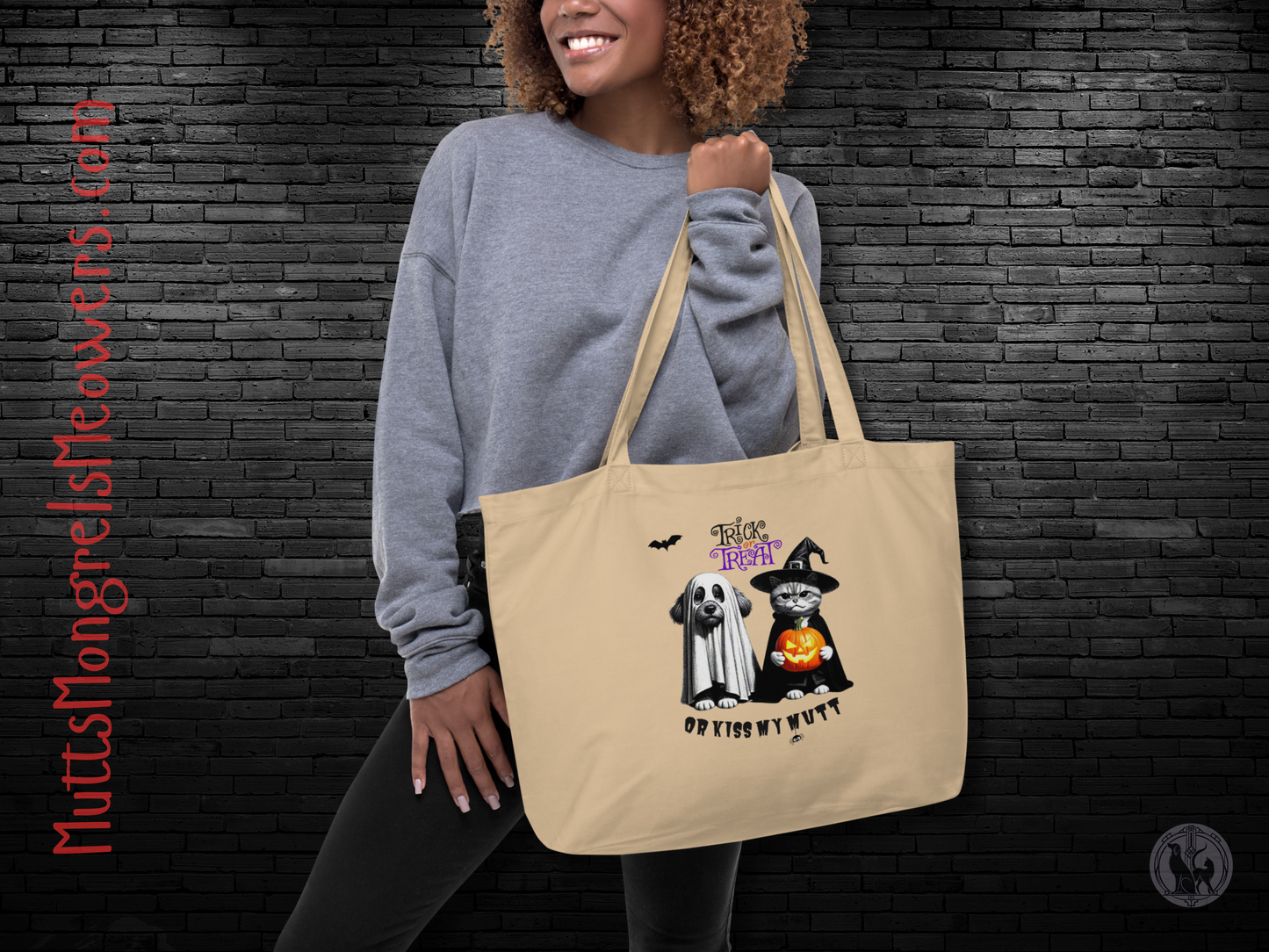 Funny Cat & Dog Halloween Large Organic Tote Bag: Sarcastic Pet Parent Gift