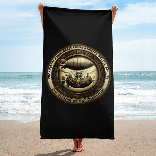 Beach Towel Cat Lovers Funny Steampunk Zeppelin Catful Adoption Gift Retroeful Bath Towel Victorian Rescue Feline Vibeful Bathroom Decor