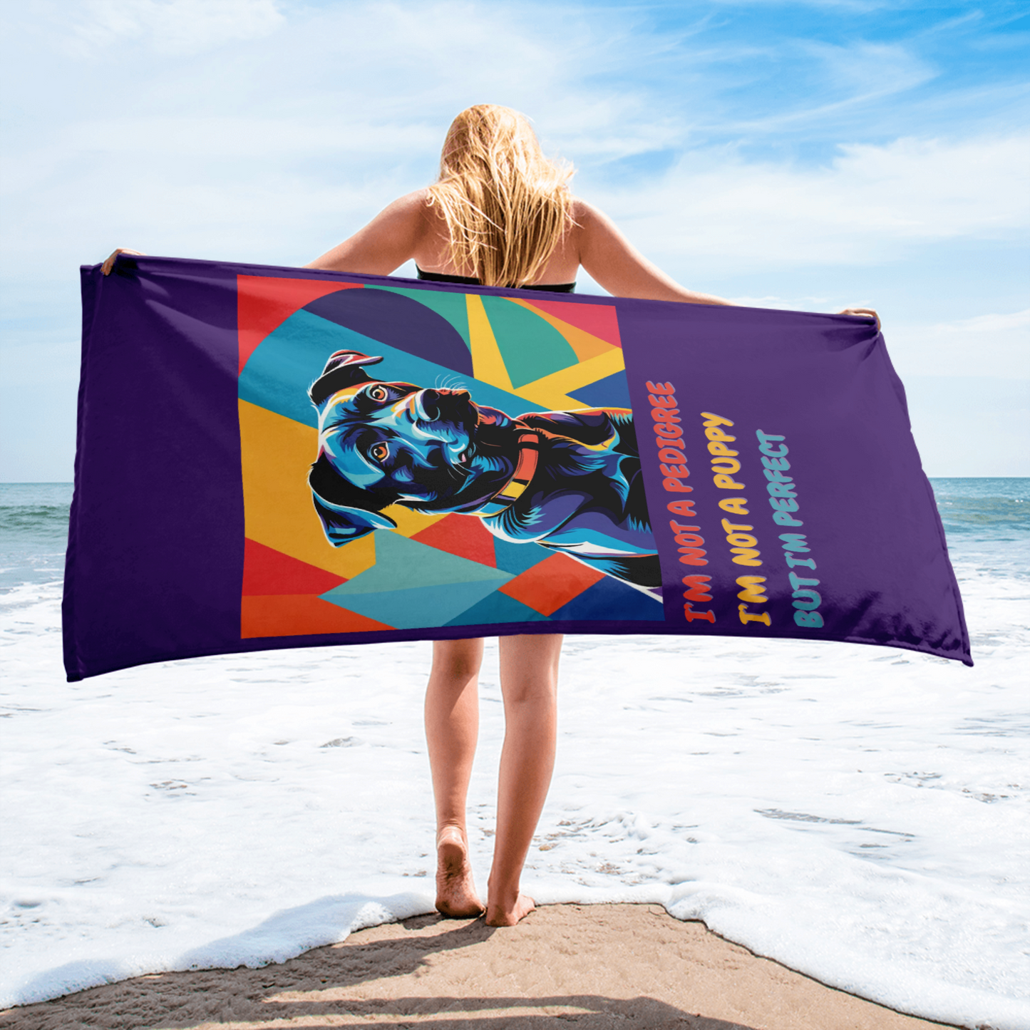 Beach Towel Dog Lovers Funny Dogful Holiday Vibeful Pop Art Mutt Adoption Giftful Retroeful Mixed Breed Rescue Dog Mature Canine Bath Towel