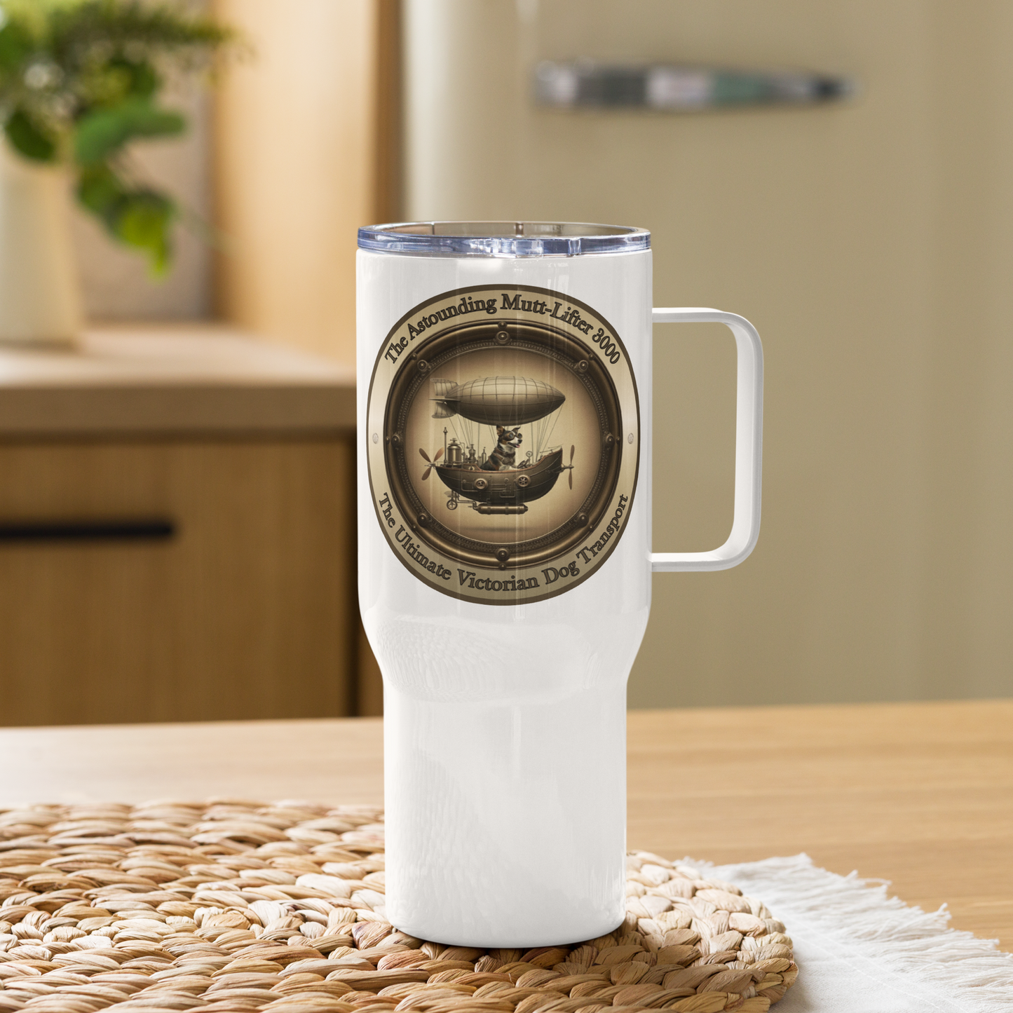 Travel Mug Steampunk Dog Tumbler Rescue Dog Gift Funny Mutt Lover Mug Quirky Dogful Drinkware Victorian Zeppelin Tea Mug for Dog Parents