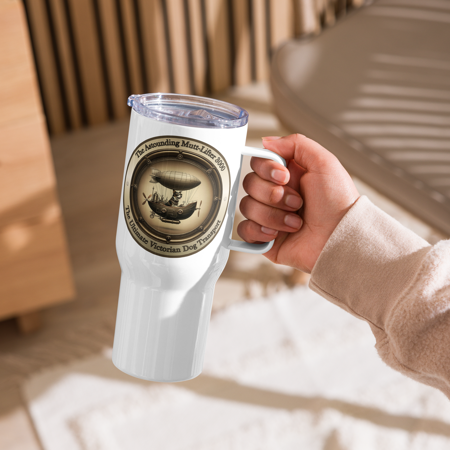 Travel Mug Steampunk Dog Tumbler Rescue Dog Gift Funny Mutt Lover Mug Quirky Dogful Drinkware Victorian Zeppelin Tea Mug for Dog Parents