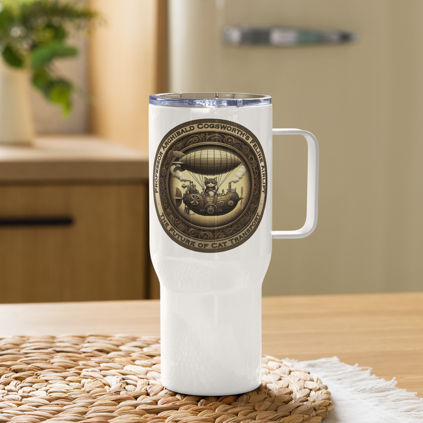 Travel Mug Steampunk Cat Tumbler Rescue Cat Gift Funny Kitty Lover Mug Quirky Catful Drinkware Victorian Zeppelin Tea Mug for Cat Parents