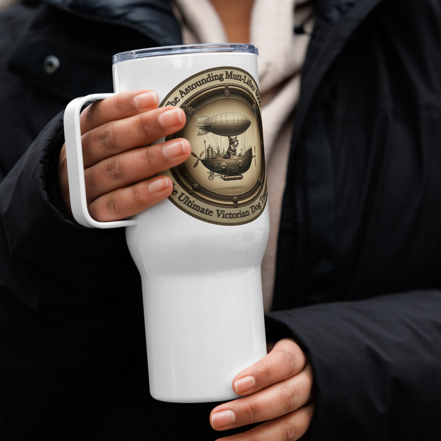 Travel Mug Steampunk Dog Tumbler Rescue Dog Gift Funny Mutt Lover Mug Quirky Dogful Drinkware Victorian Zeppelin Tea Mug for Dog Parents