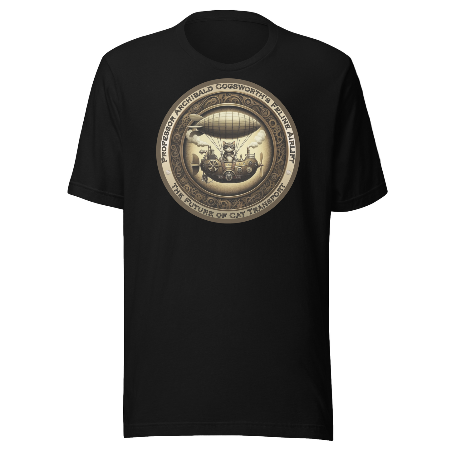 T-Shirt Steampunk Cat Theme Unisex Zeppelin Tee Funny Cat Lover Gift Airship Top Victorian Catful Shirt Kitty Graphic Fit Cat Mom Cat Dad
