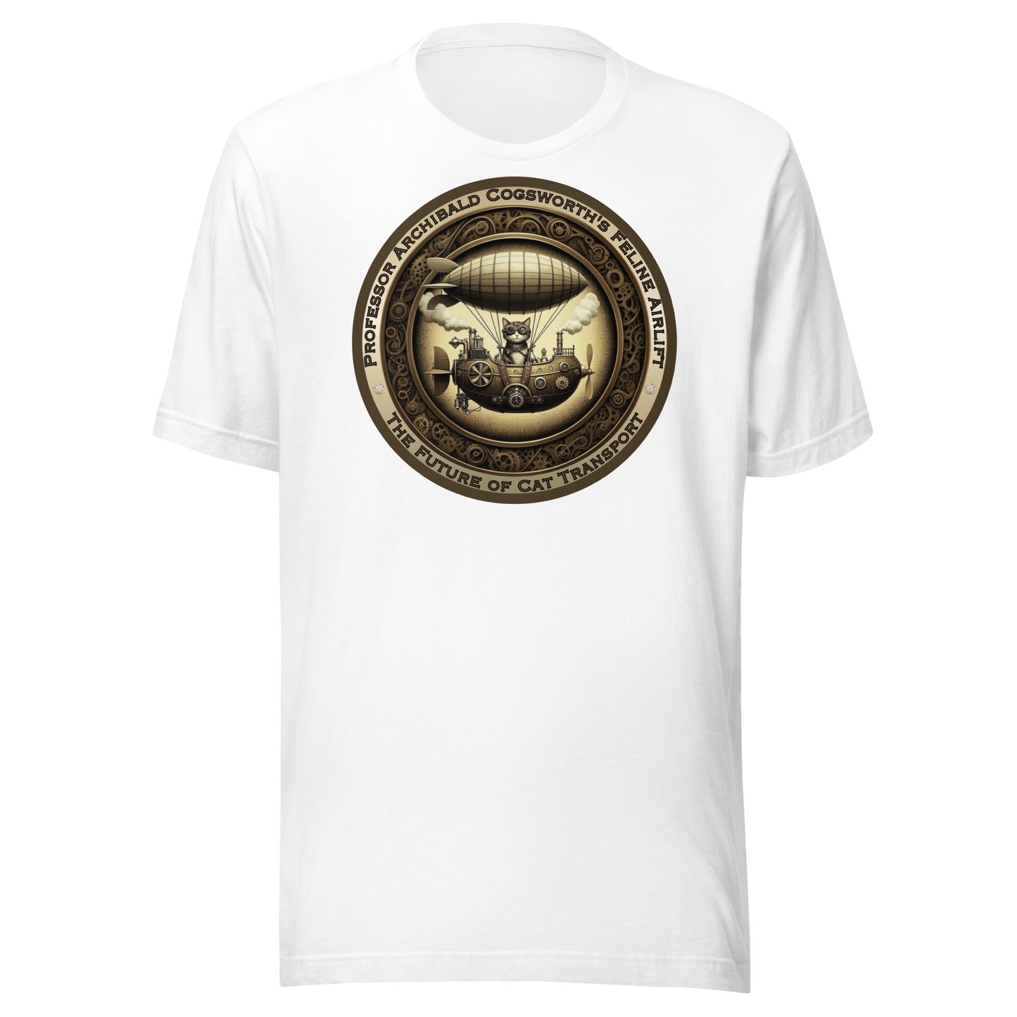 T-Shirt Steampunk Cat Theme Unisex Zeppelin Tee Funny Cat Lover Gift Airship Top Victorian Catful Shirt Kitty Graphic Fit Cat Mom Cat Dad