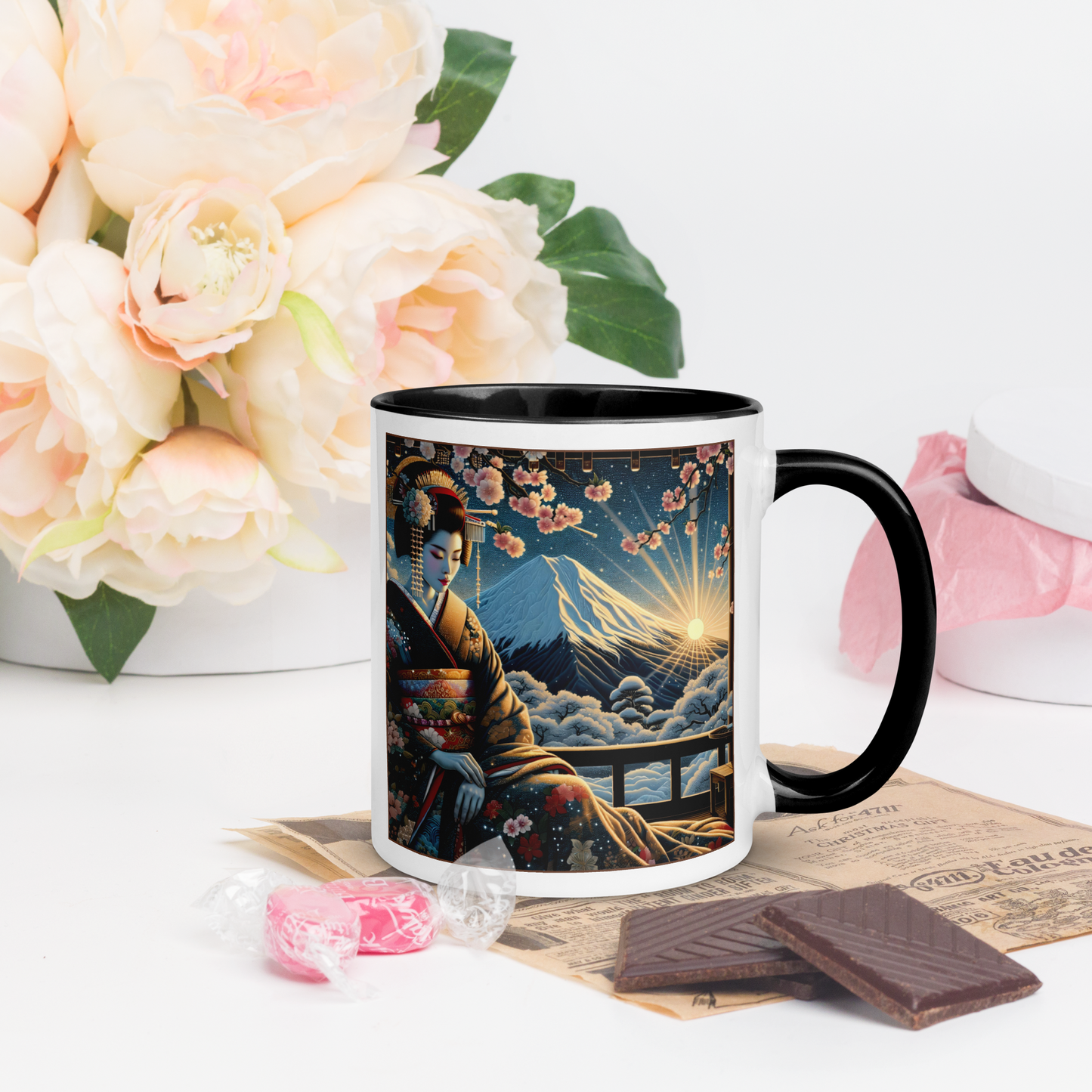 Geisha Mug with Color Inside: Japanes Cherryblossom Lady Gift
