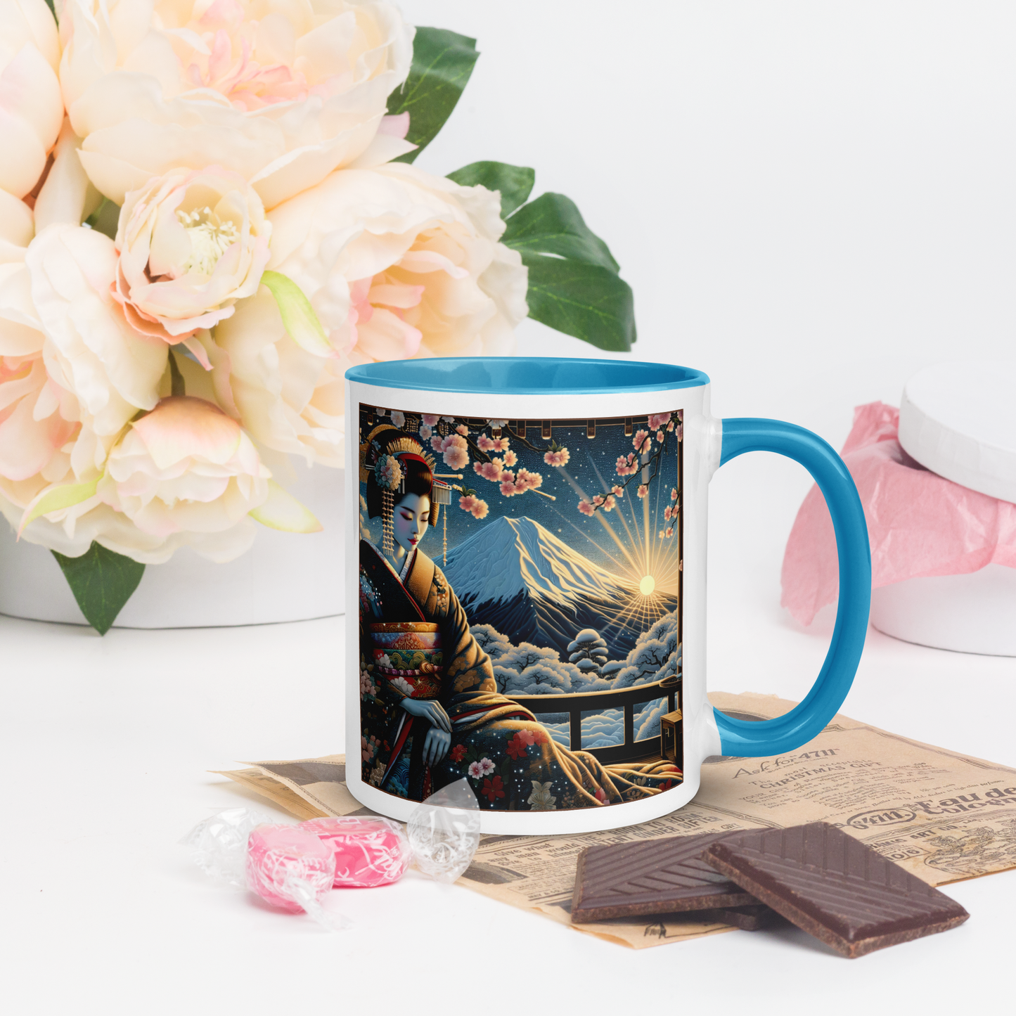 Geisha Mug with Color Inside: Japanes Cherryblossom Lady Gift