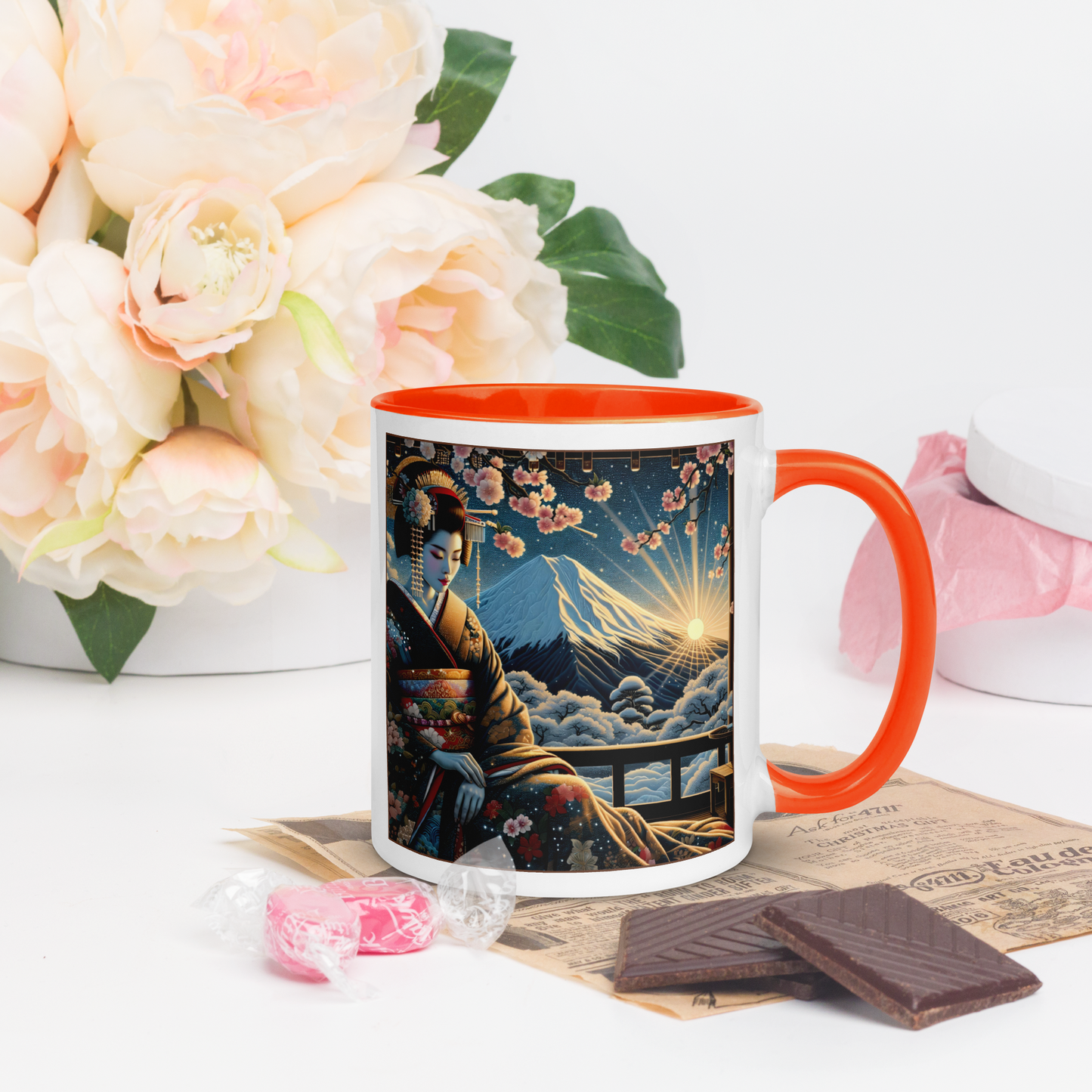 Geisha Mug with Color Inside: Japanes Cherryblossom Lady Gift