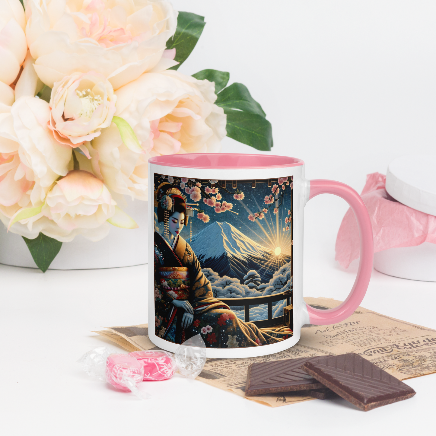 Geisha Mug with Color Inside: Japanes Cherryblossom Lady Gift
