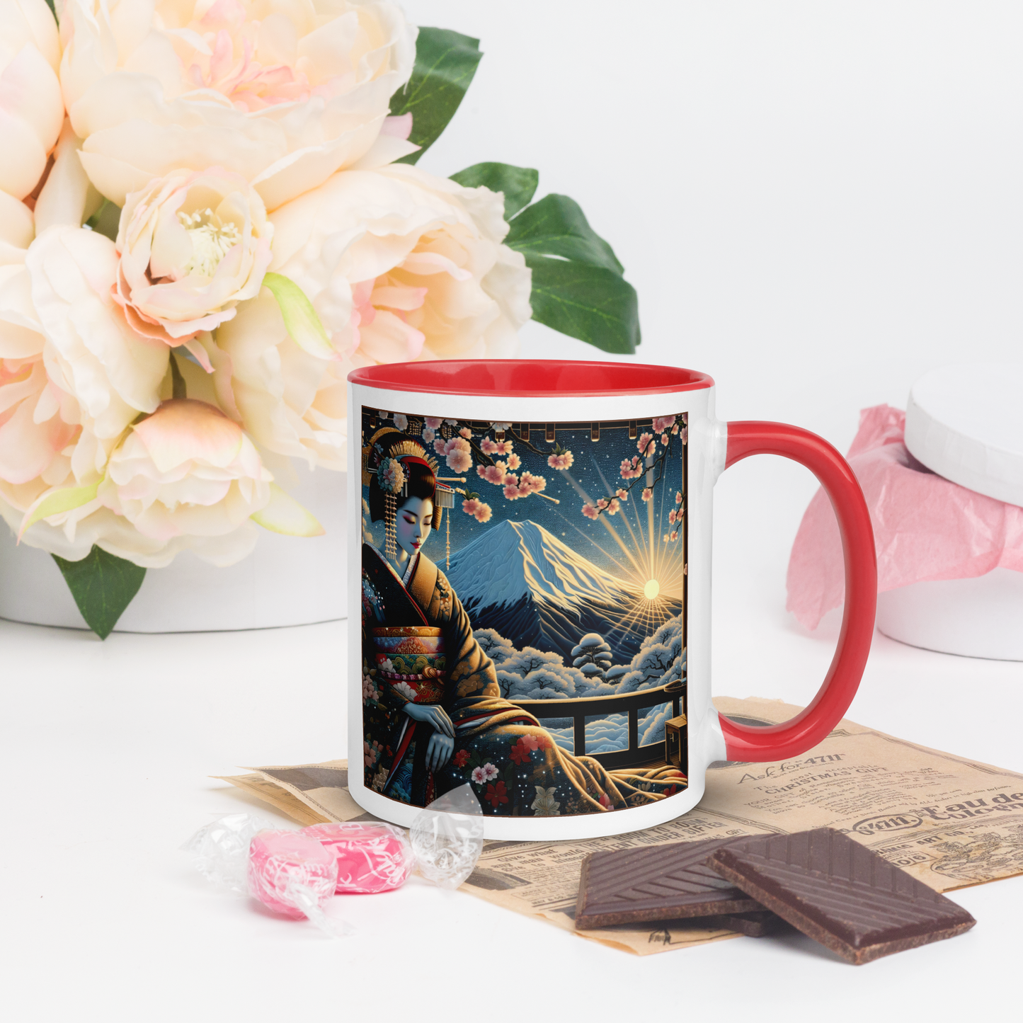 Geisha Mug with Color Inside: Japanes Cherryblossom Lady Gift