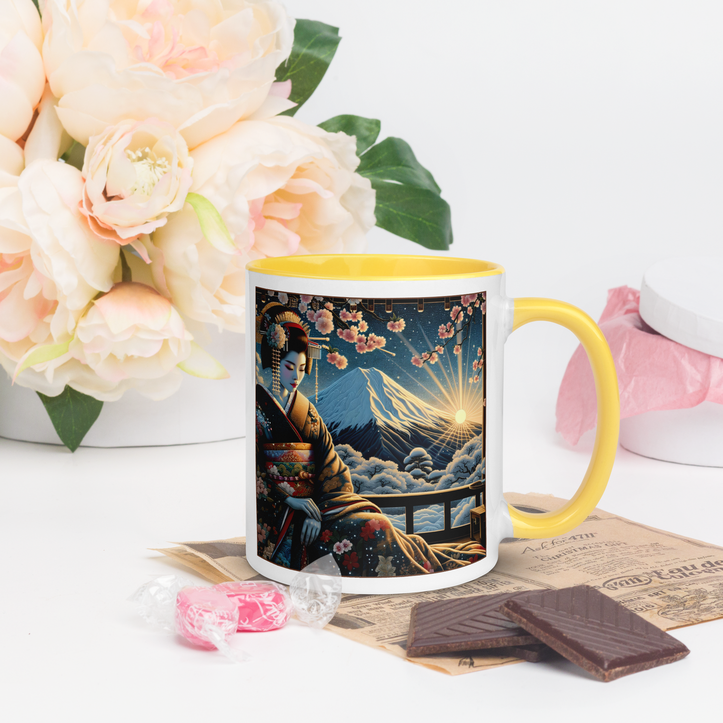 Geisha Mug with Color Inside: Japanes Cherryblossom Lady Gift