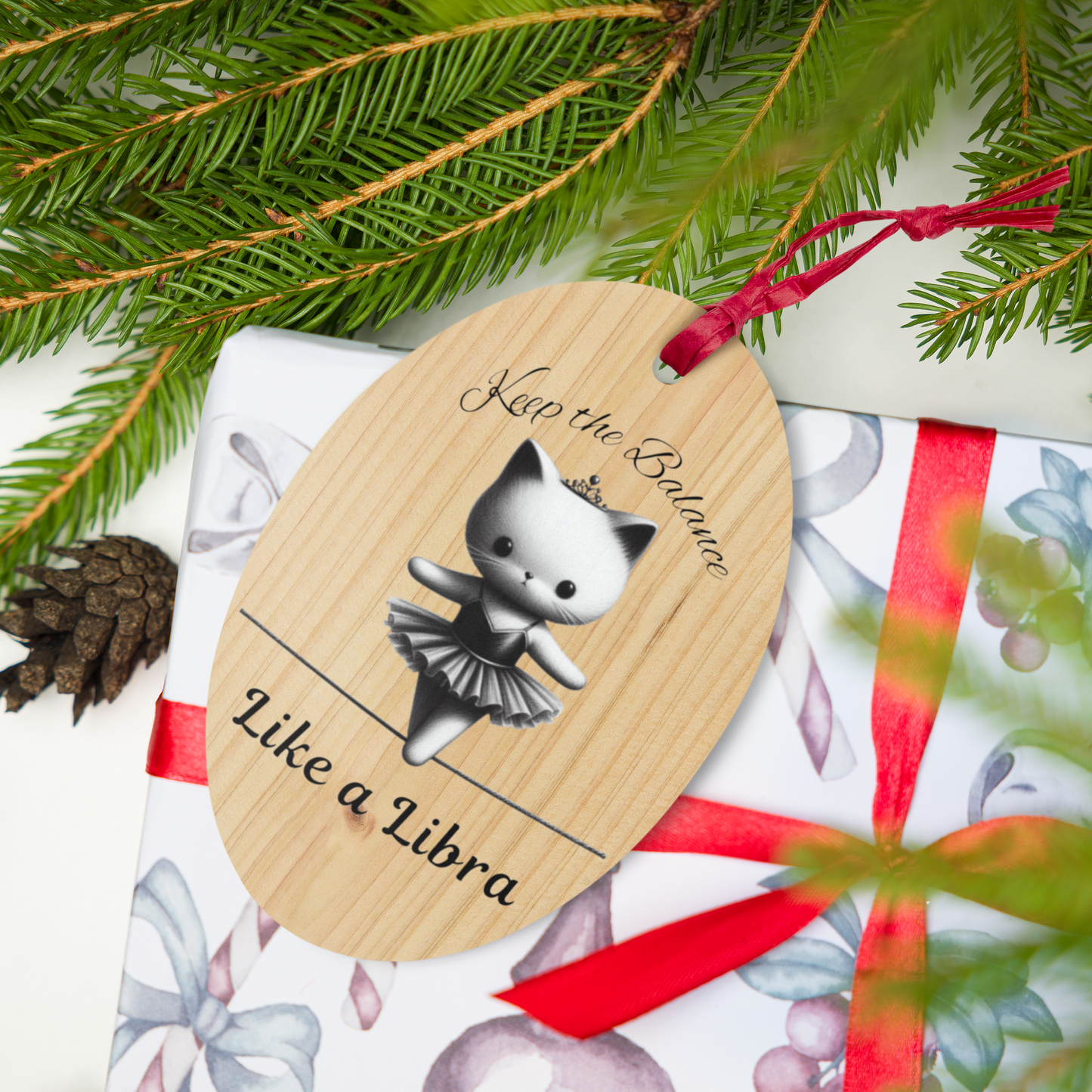 Funny Ballerina Cat Wooden Ornament with Magnet - Libra Astrology Gift for Cat Moms